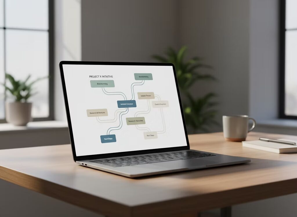 Laptop displaying a project initiative mindmap with brainstorming and research branches