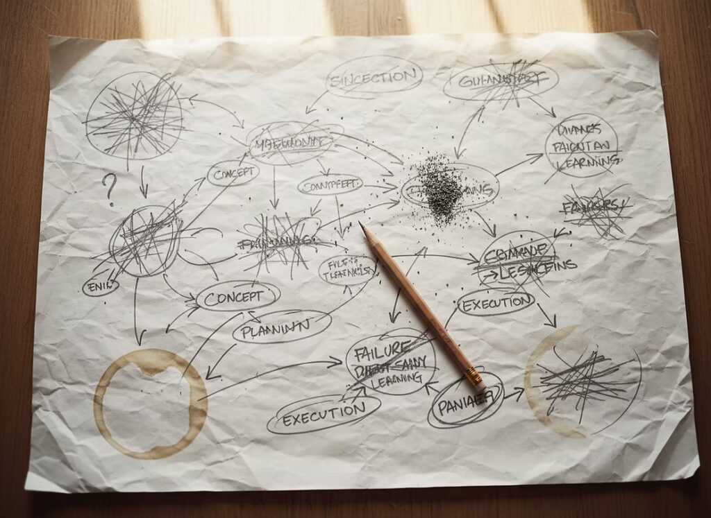 Hand-drawn mindmap on paper showing iterative thinking with concepts, planning, and execution