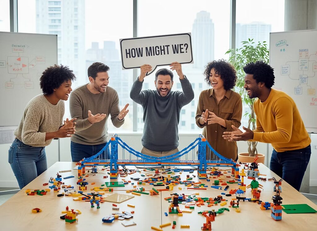 Team brainstorming with How Might We design thinking framework