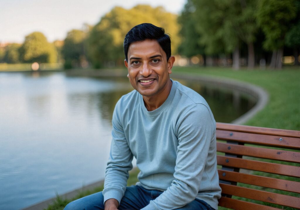 Onil Gunawardana smiling on a park bench - AI product manager and personal writer